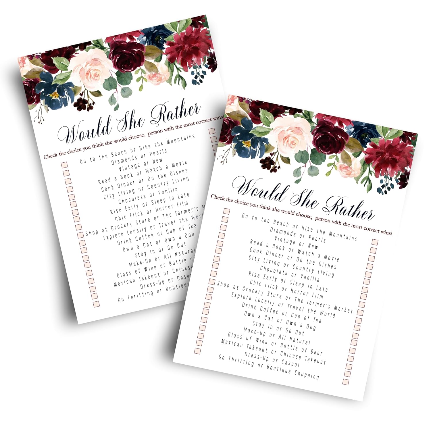 Blue Floral Bridal Shower Games - 25 Cards - Would She Rather - Rustic Burgundy Design For Bridal Showers, Wedding Receptions & Birthday Activities - 5X7 Pack Who Knows The Bride Best