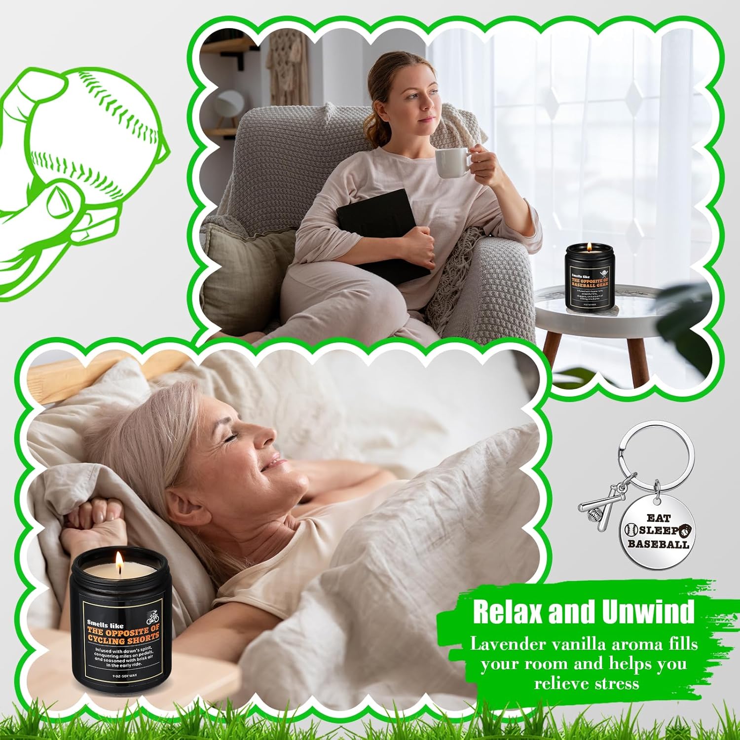 Baseball Gifts - Funny Scented Candle & Keychain For Men & Women