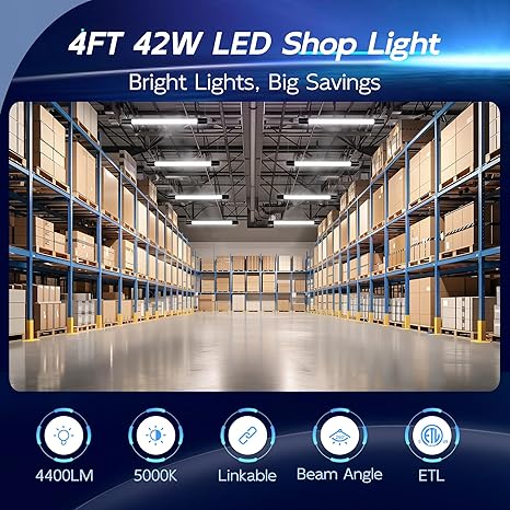 6 Pack 4FT Linkable LED Shop Lights 42W 4400LM 5000K Garage Utility Fixtures with Power Cord