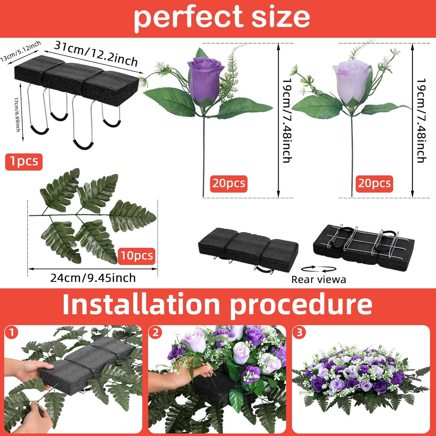 Artificial Cemetery Flower Saddles For Graves – 10 Pcs Silk Fern & 40 Realistic Rose Blossoms With Metal Headstone Holder –Resistant Memorial Flowers For Tombstone Decor (Purple)
