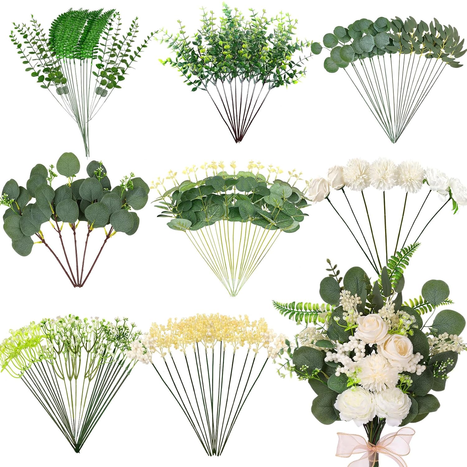 120Pcs 15 Kinds Artificial Eucalyptus Stems Mixed Faux Eucalyptus Stems Leaves And Flowers Bulk Silver Dollar Eucalyptus Stems For Floral Arrangements Wedding Home Vase Bouquet Greenery Decoration
