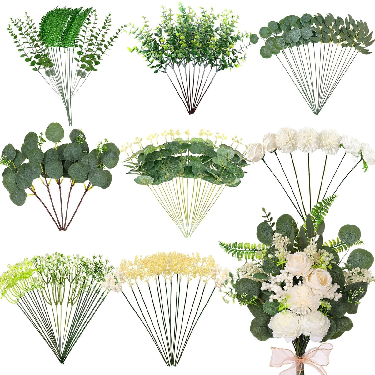 120Pcs 15 Kinds Artificial Eucalyptus Stems Mixed Faux Eucalyptus Stems Leaves And Flowers Bulk Silver Dollar Eucalyptus Stems For Floral Arrangements Wedding Home Vase Bouquet Greenery Decoration
