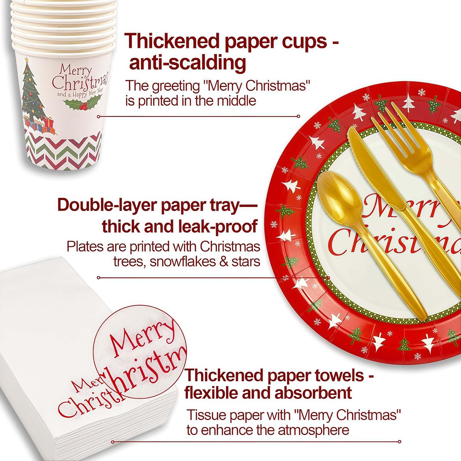 200 Pcs Merry Christmas Disposable Dinnerware Set For 25 Guests Christmas Paper Plates (7"& 9"), Paper Cups, Napkins, Plastic Cutlery For Xmas Winter Holiday Dinner Party Celebrations