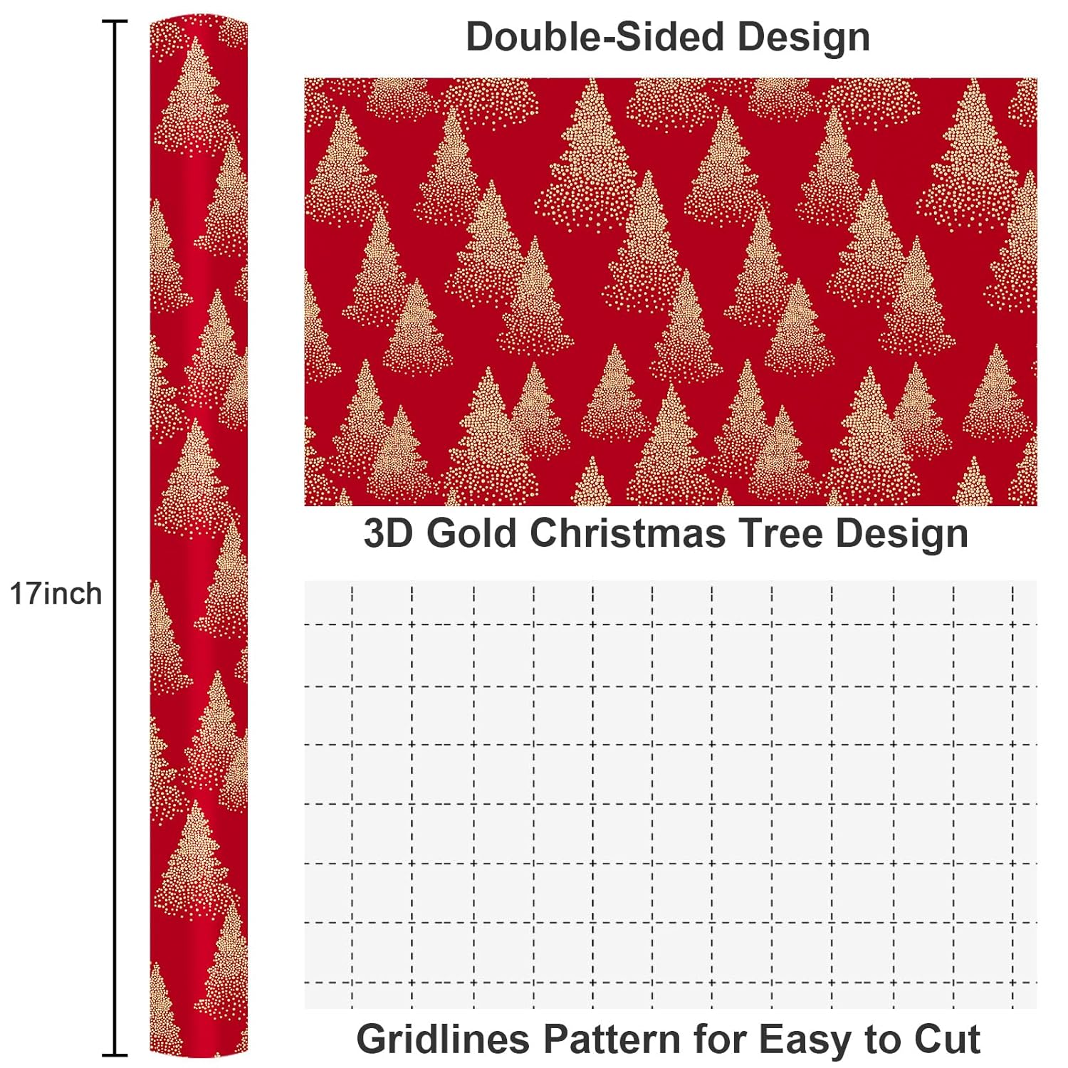 Red Christmas Wrapping Paper, Red And Gold Trees Holiday Wrapping Paper, Vintage Gold Foil Christmas Trees Elegant Winter Gift Wrap For Gift Packaging, Craft, New Year(17 Inch X 33 Feet)