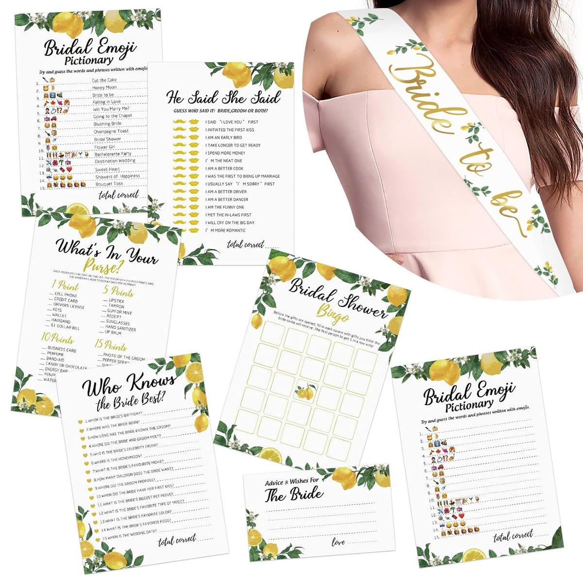 Lemon Bridal Shower Game With Bride To Be Sash-Set Of 6 Activities Lemonade Bridal Shower Bachelorette Before Wedding For 50 Guests- 300 Cards 50 Per Game
