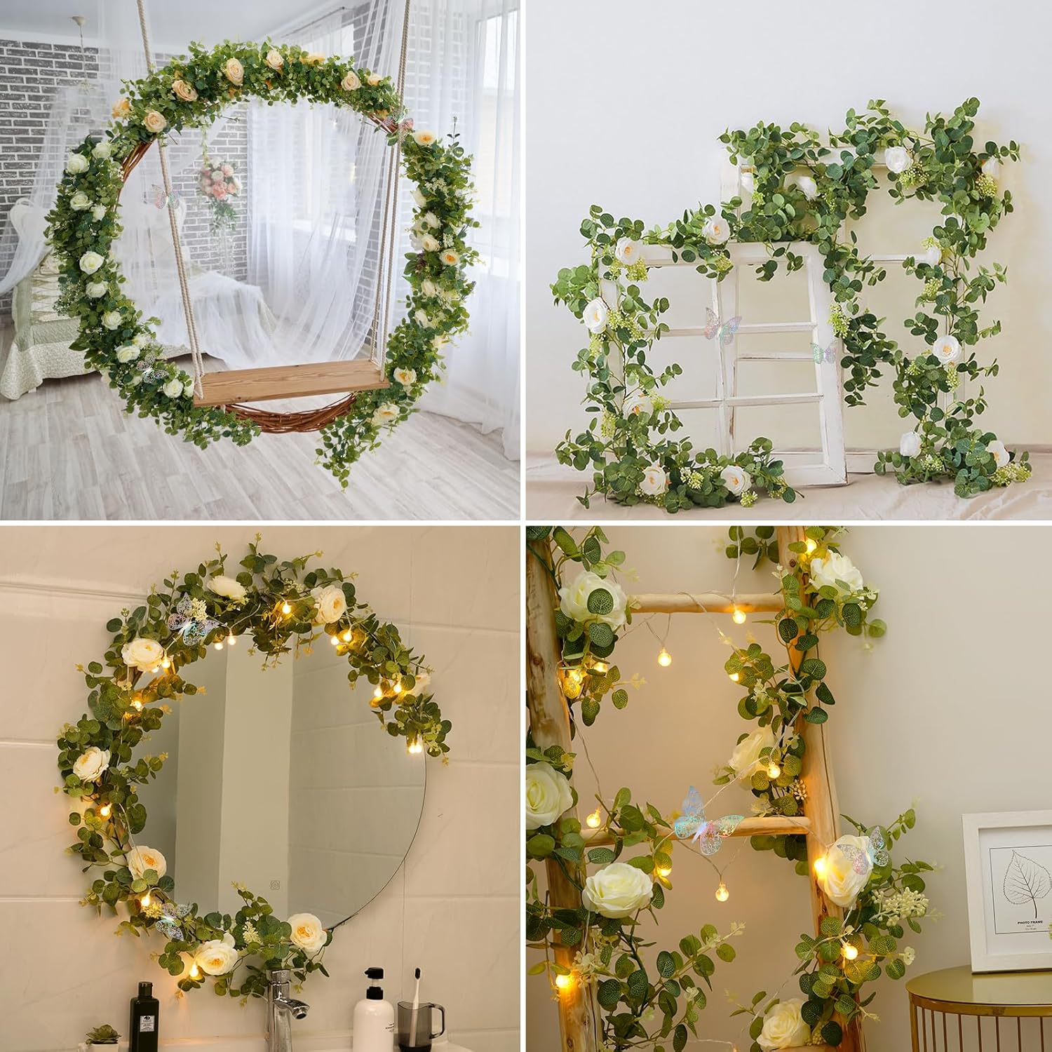 6.6 Ft White Flower Garland With 3D Butterfly, Artificial Eucalyptus Garland With Flowers Fake Rose Vine For Table Centerpiece Wedding Arch Baby Shower Party Room Backdrop Decor