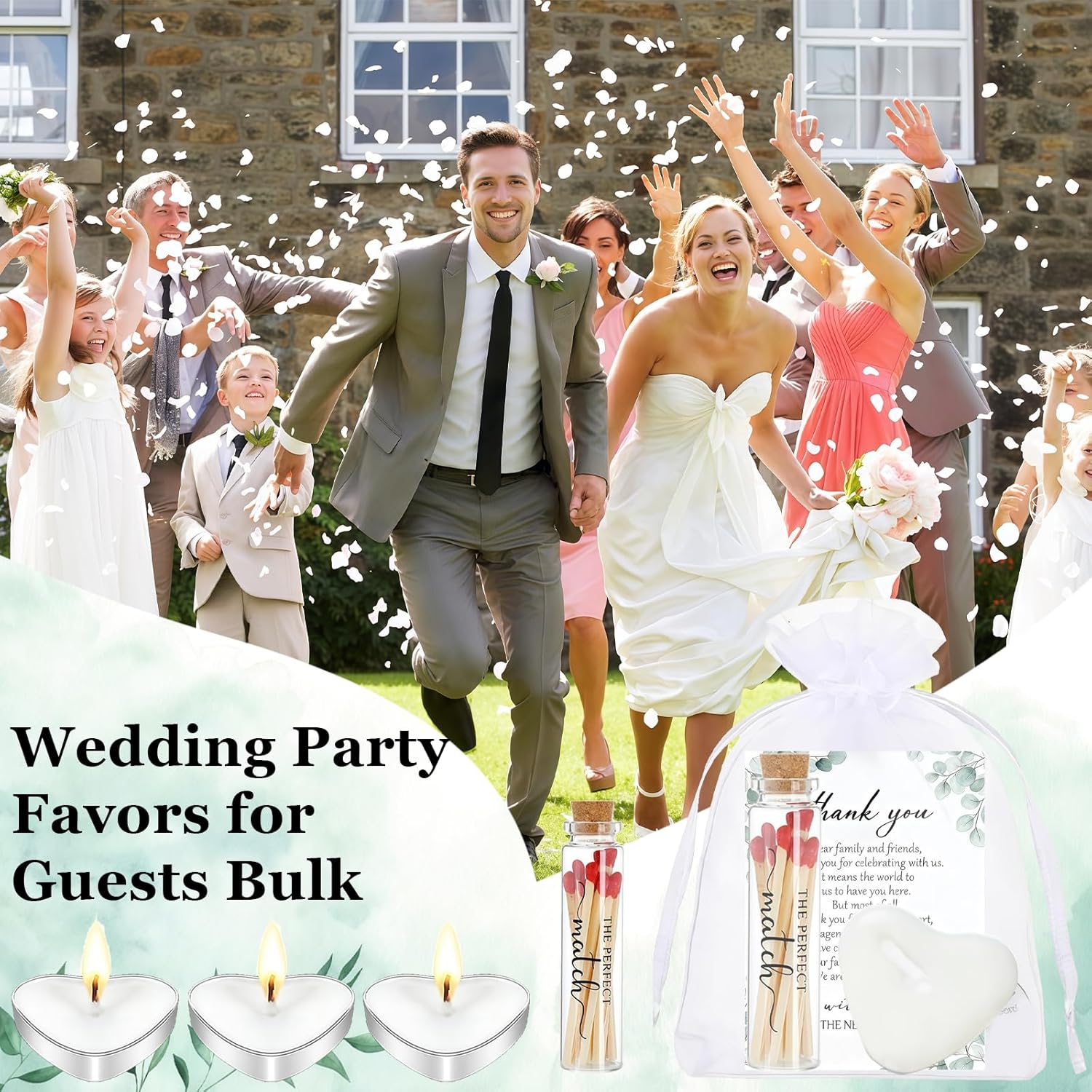 Wedding Party Favors For Guests Bulk Including Mini Heart Shaped Candles Empty Matches Jars With Cork Top Thank You Cards And Organza Bags For Diy Wedding Bridal Shower Party Guests Souvenir Gift (25)