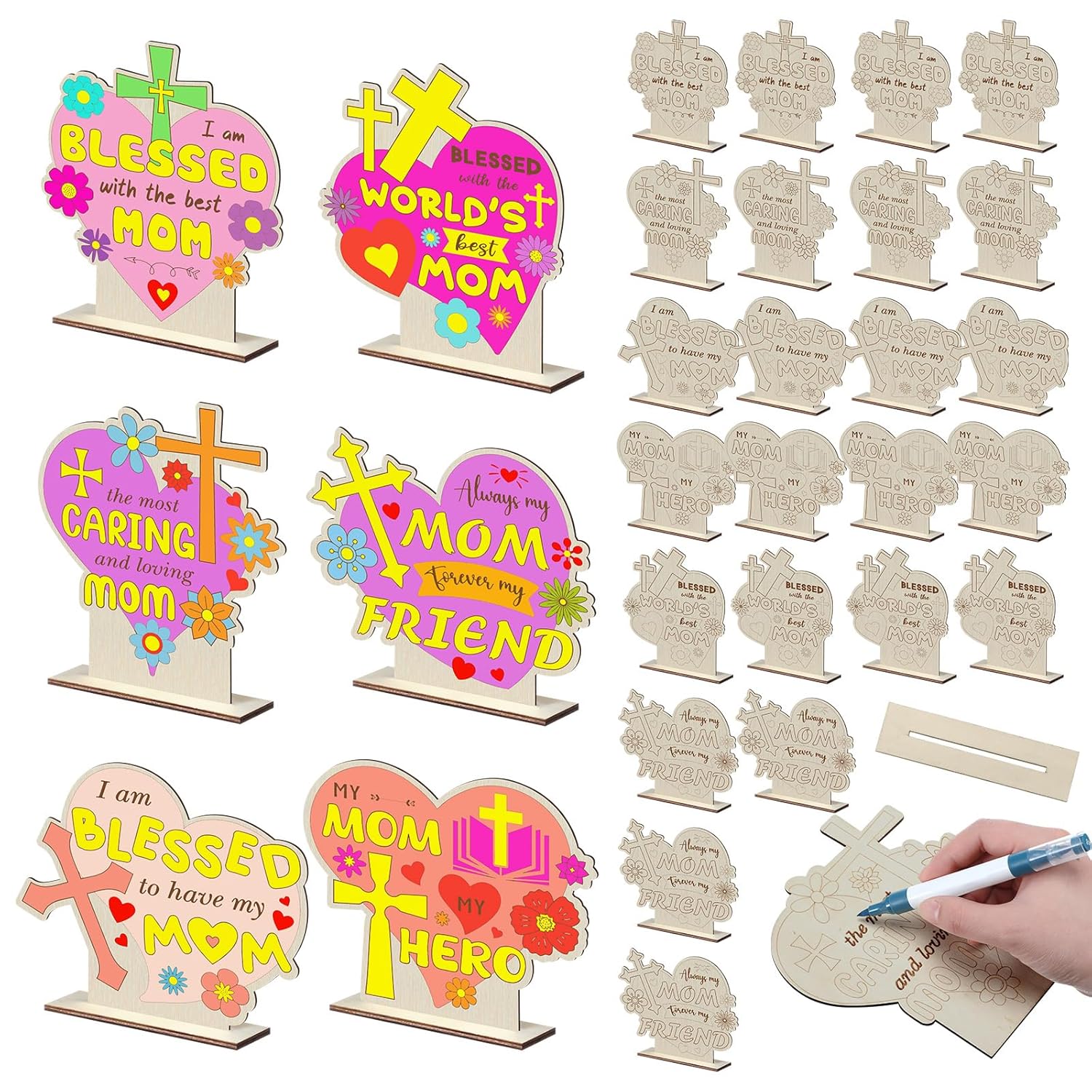 24 Sets Mother'S Day Crafts Bulk Diy Coloring Mother'S Day Table Wood Signs Religious Blessed Mom Gifts Home Party Dinner Table Decoration