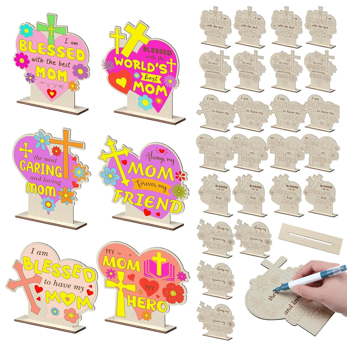 24 Sets Mother'S Day Crafts Bulk Diy Coloring Mother'S Day Table Wood Signs Religious Blessed Mom Gifts Home Party Dinner Table Decoration