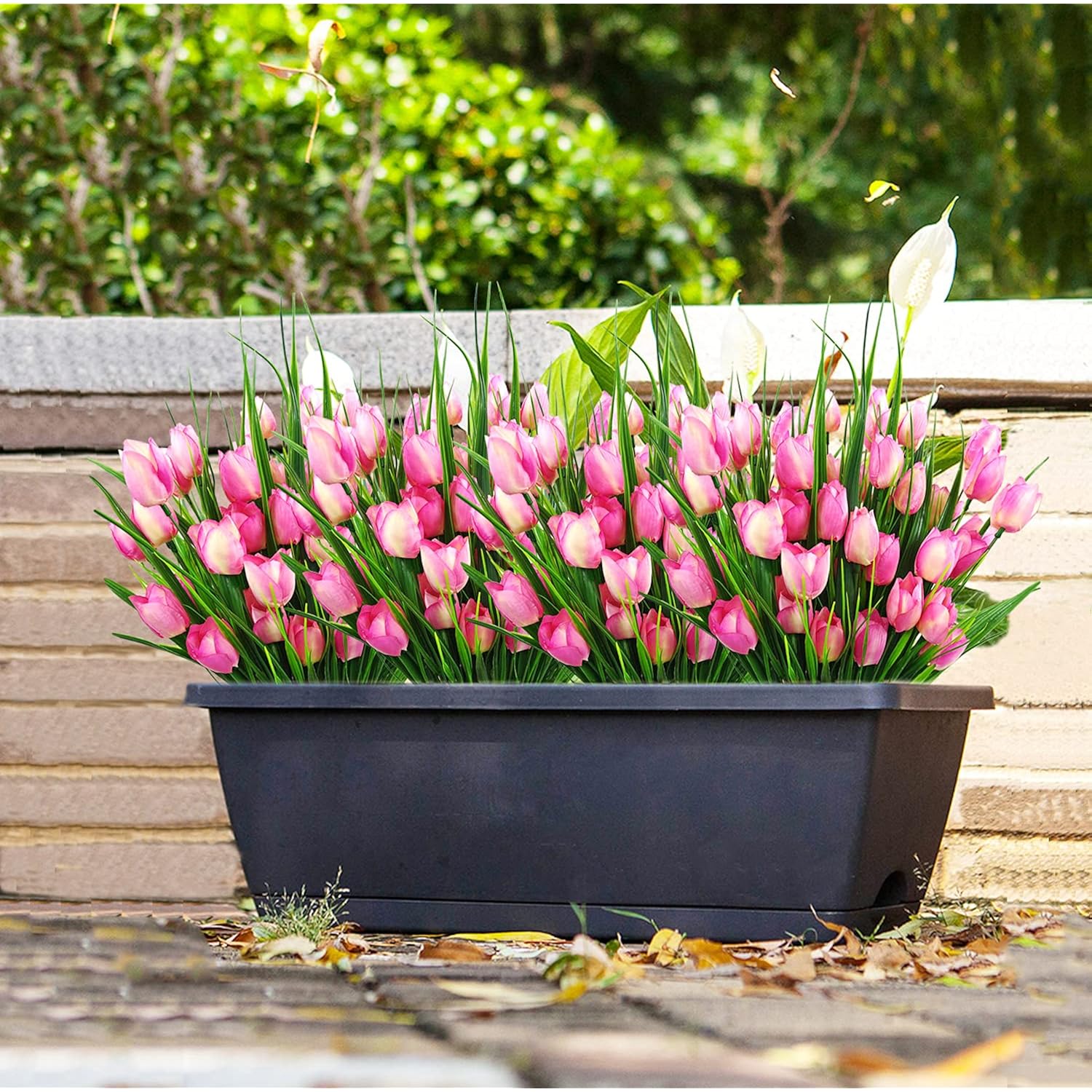 8 Bundles Outdoor Artificial Tulips Fake Flowers Uv Resistant Faux Plastic Greenery Shrubs Plants For Home Outside Garden Porch Window Farmhouse Decor (Light Pink)