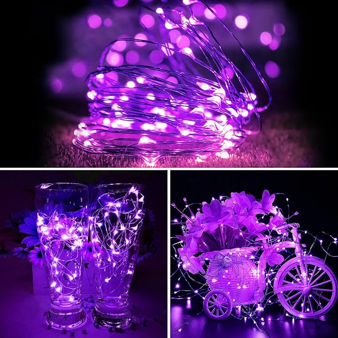 8 Pack Purple Fairy Lights Battery Operated 7FT 20 LED Silver Wire Twinkle String Lights for DIY Crafts Wedding Party Bedroom Christmas Decoration