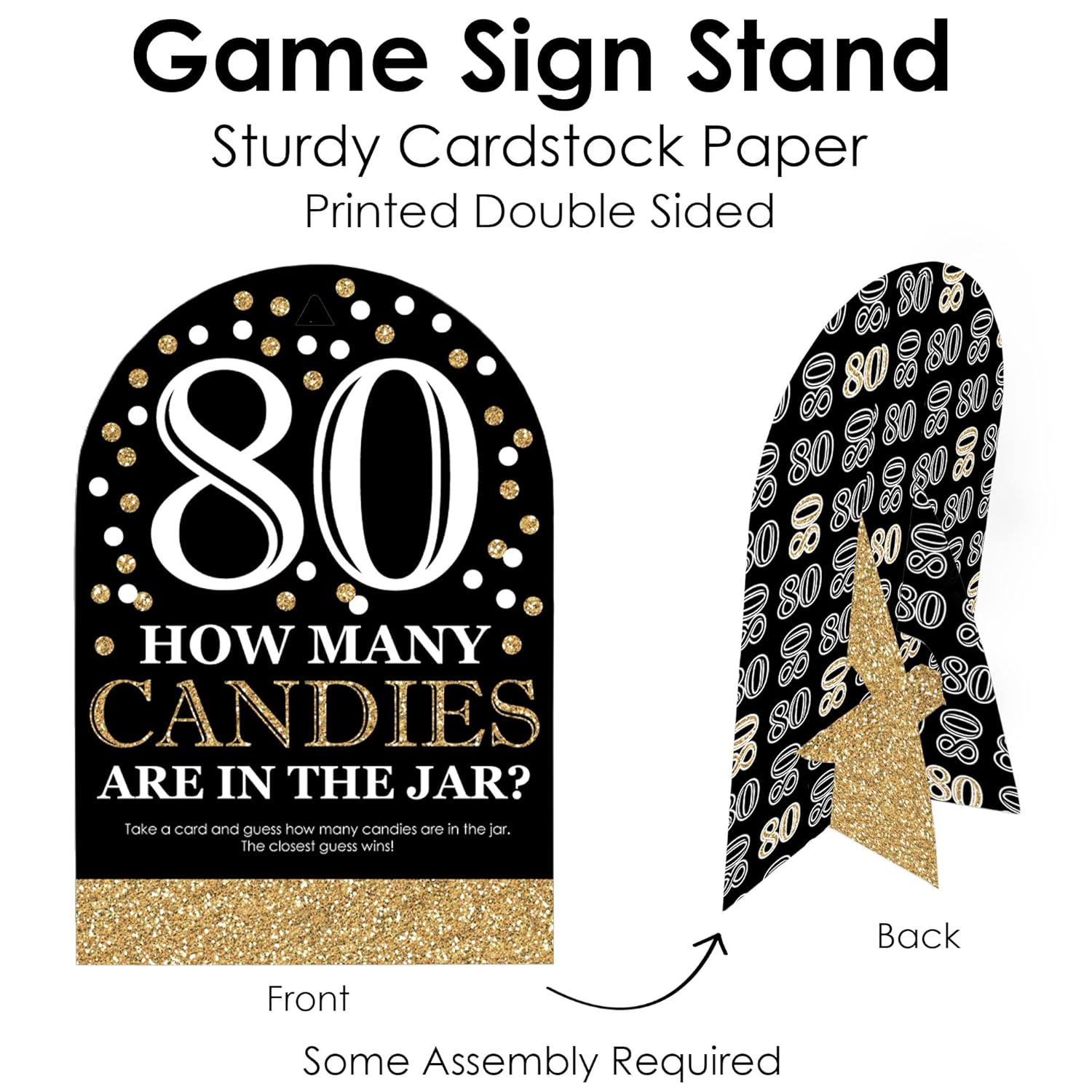 Big Dot of Happiness Adult 80th Birthday - Gold - How Many Candies Birthday Party Game - 1 Stand and 40 Cards - Candy Guessing Game