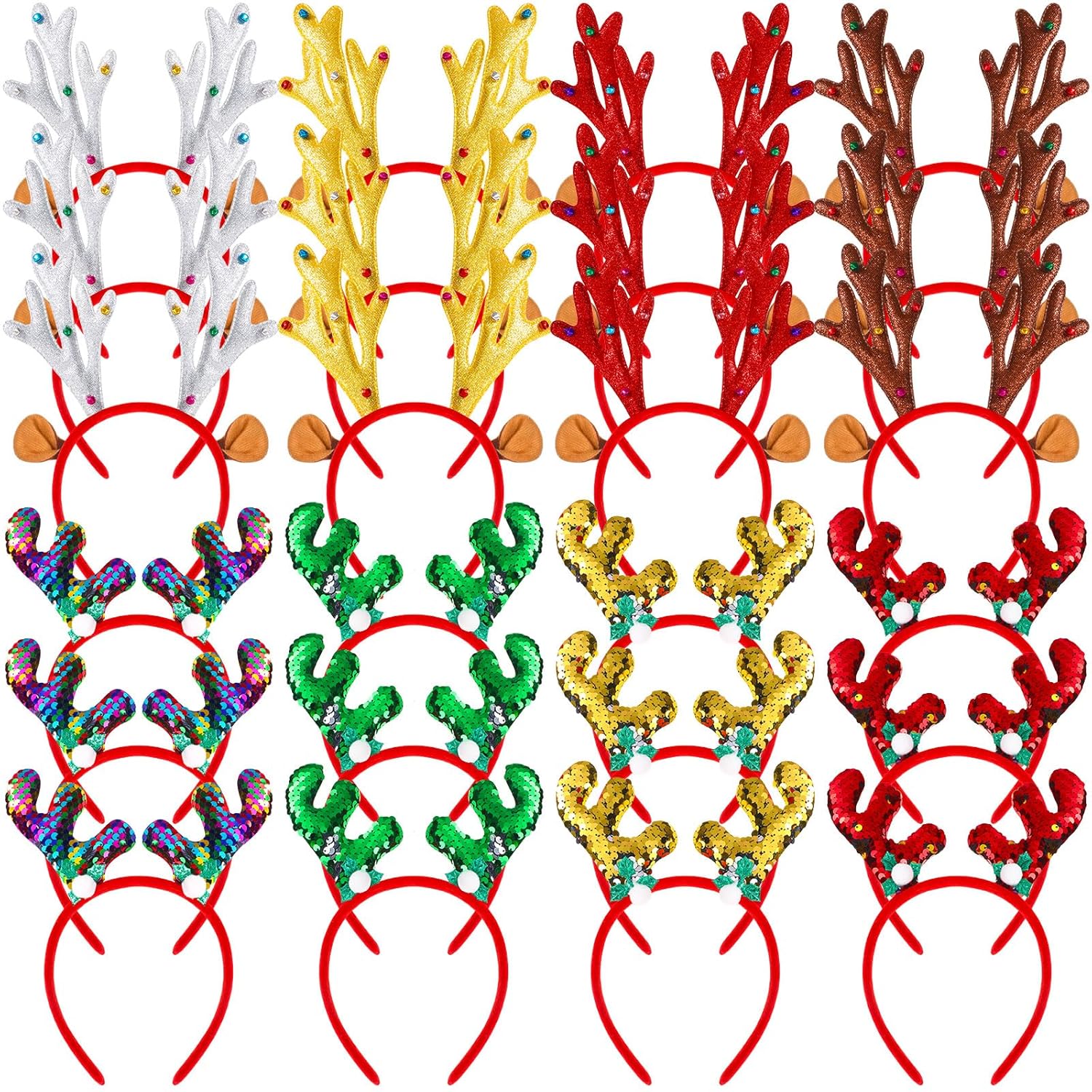24 Pcs Christmas Reindeer Headbands,Antler Costume Headwears Bulk Shiny Head Topper With Sequin For Christmas Party Favors,8 Styles (Chic)
