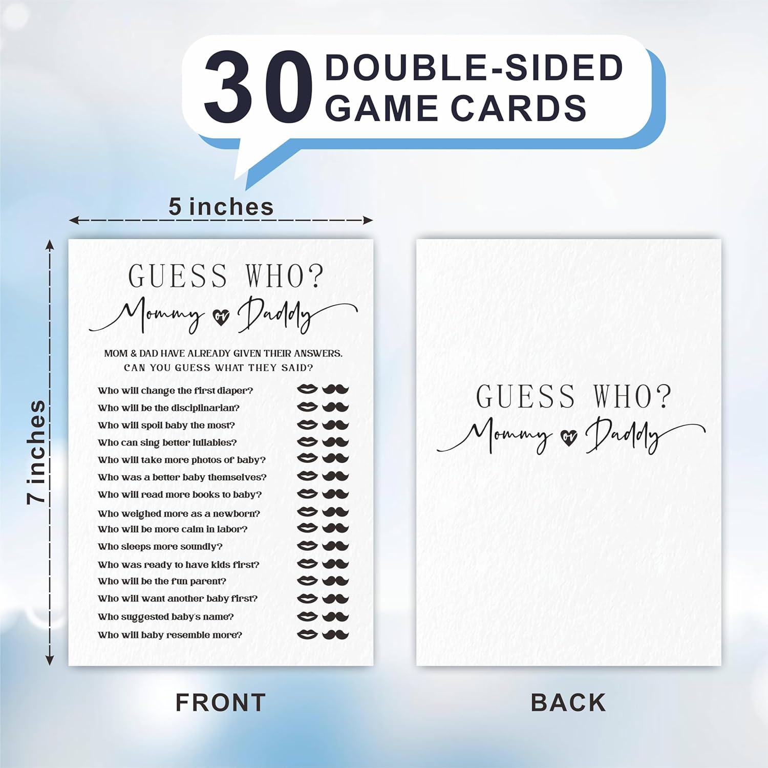 30 Guess Who Game Cards For Baby Shower Game & Activity - Mommy Or Daddy Minimalism Double-Sided Fill In Style Game Cards, Gender Reveal Game - Baby Shower Party Favors & Decorations -A02