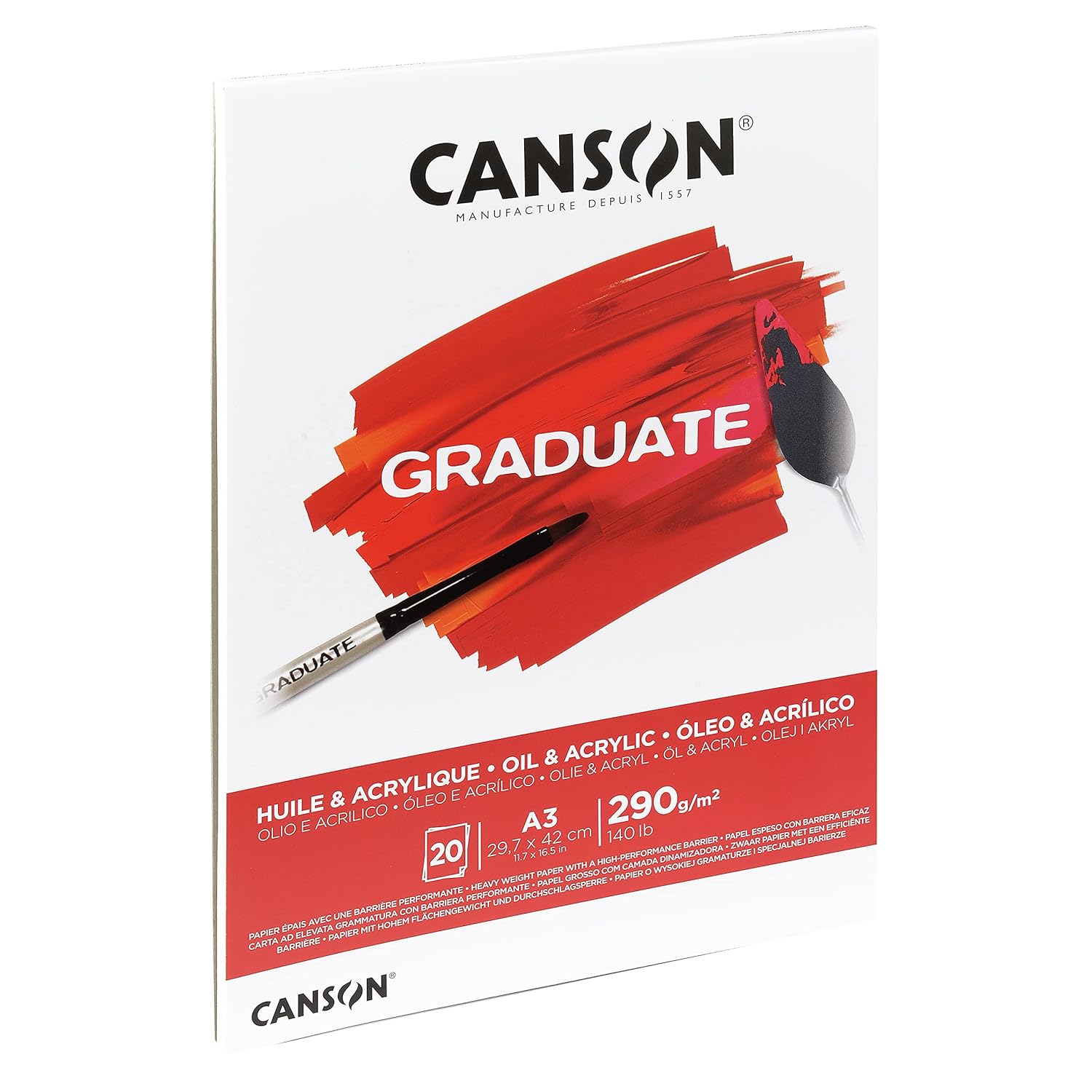 CANSON Graduate Oil and Acrylic 290gsm A3 Paper, Non-Woven, Pad Glued Short Side, 20 Natural White Sheets, Ideal for Student Artists