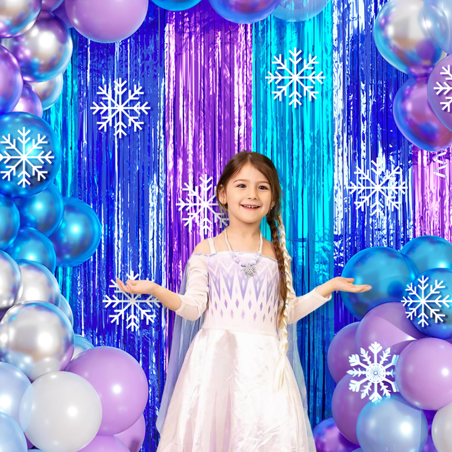 Winter Wonderland Balloon Garland Arch Kit Birthday Party Decorations, Blue Purple Foil Fringe Curtains Backdrop Tinsel Streamer Photo Booth Props For Girls Winter Christmas Snow Party Decor Supplies