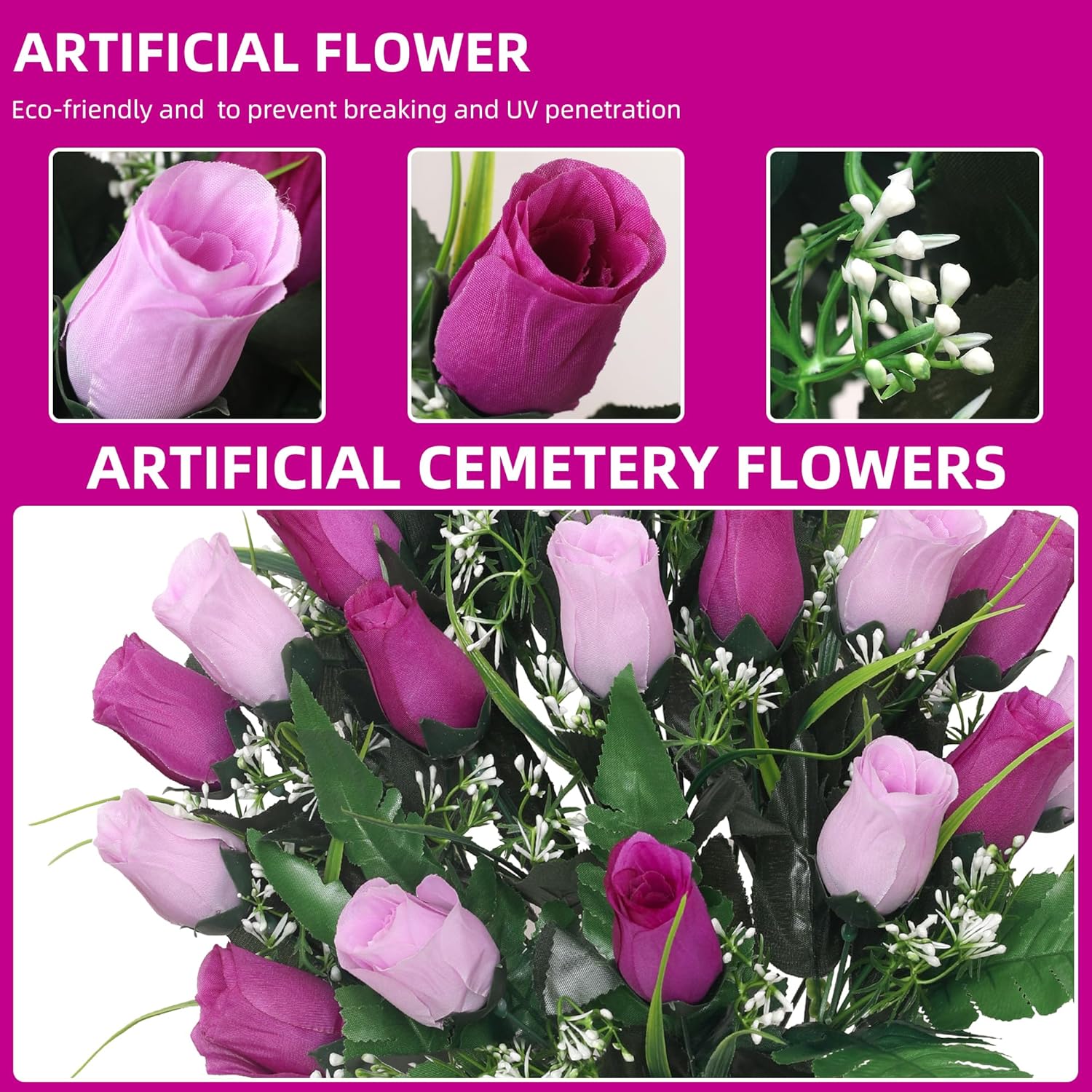 Artificial Cemetery Flowers,Outdoor Grave Decorations Roses,Arrangements Bouquet With Cemetery Vase, Silk Flowers For Long-Lasting Remembrance (Purple)
