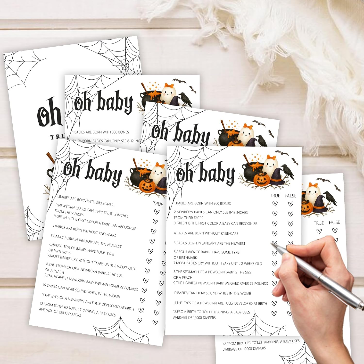 Hilarious Baby Shower Games, Halloween Oh Baby True Or False, 30 Double-Sided Fill In Game Cards For Little Ghost Gender Reveal Spooky Party Favor Supplies - D06