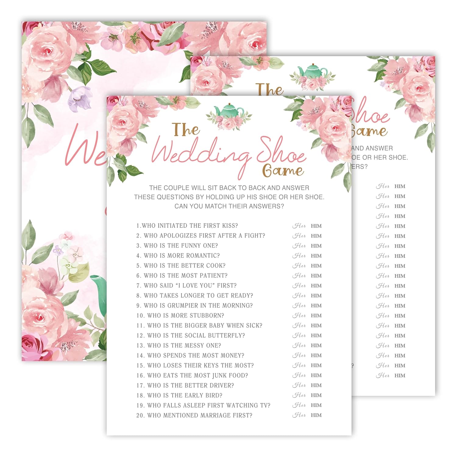 Bridal Shower Games, Blush Pink Floral Wedding Party Games, The Wedding Shoe Game - Bachelorette Party Games, Engagement Party Game Ideas, Tea Party Decor Supplies Favors, (25 Cards) -03