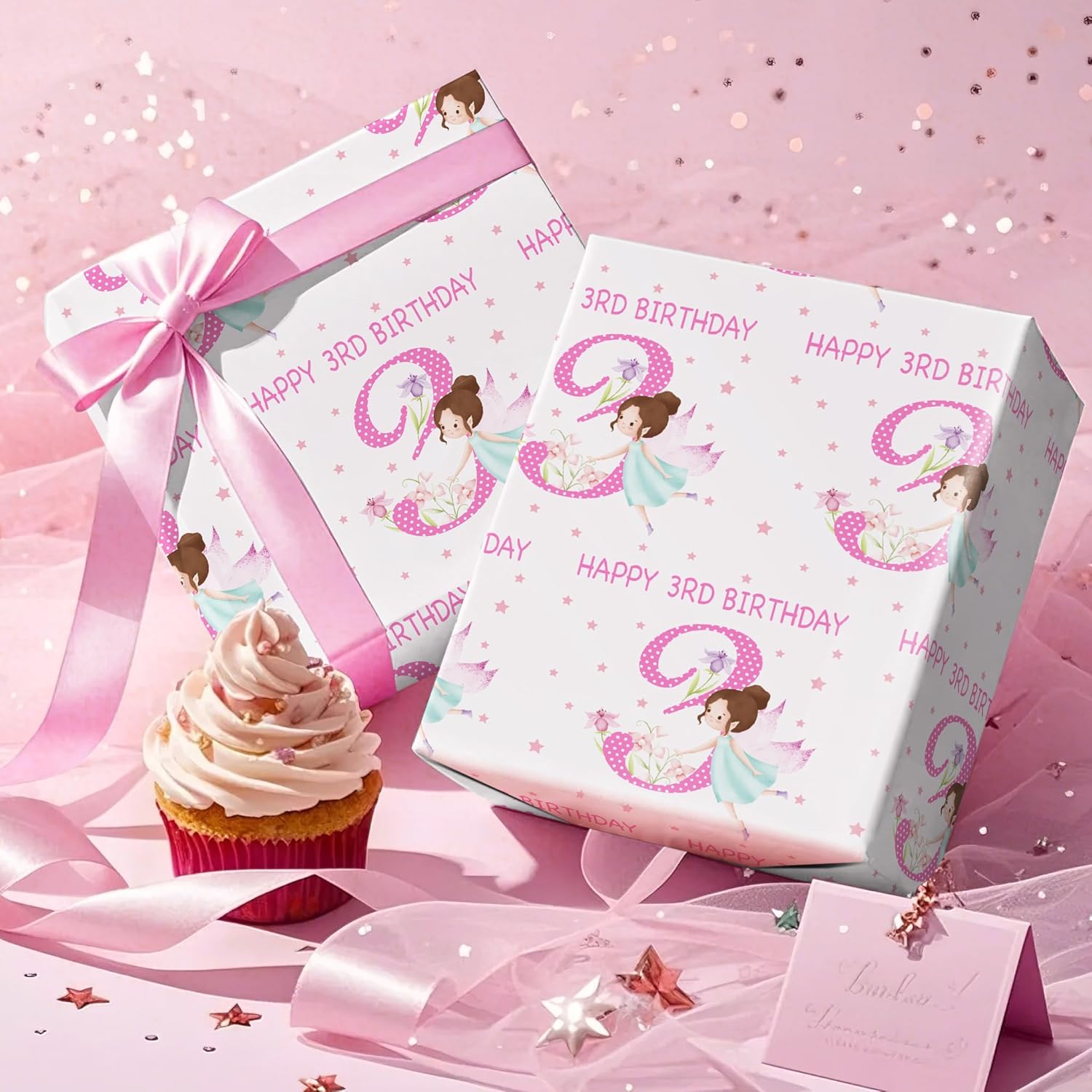 Girls 3Rd Birthday Wrapping Paper Roll - Mini Roll - 17 Inch X 16.5 Feet - Girl Fairy Happy 3Rd Birthday Wrapping Paper Perfect For Kids Girls, Baby Shower, Party