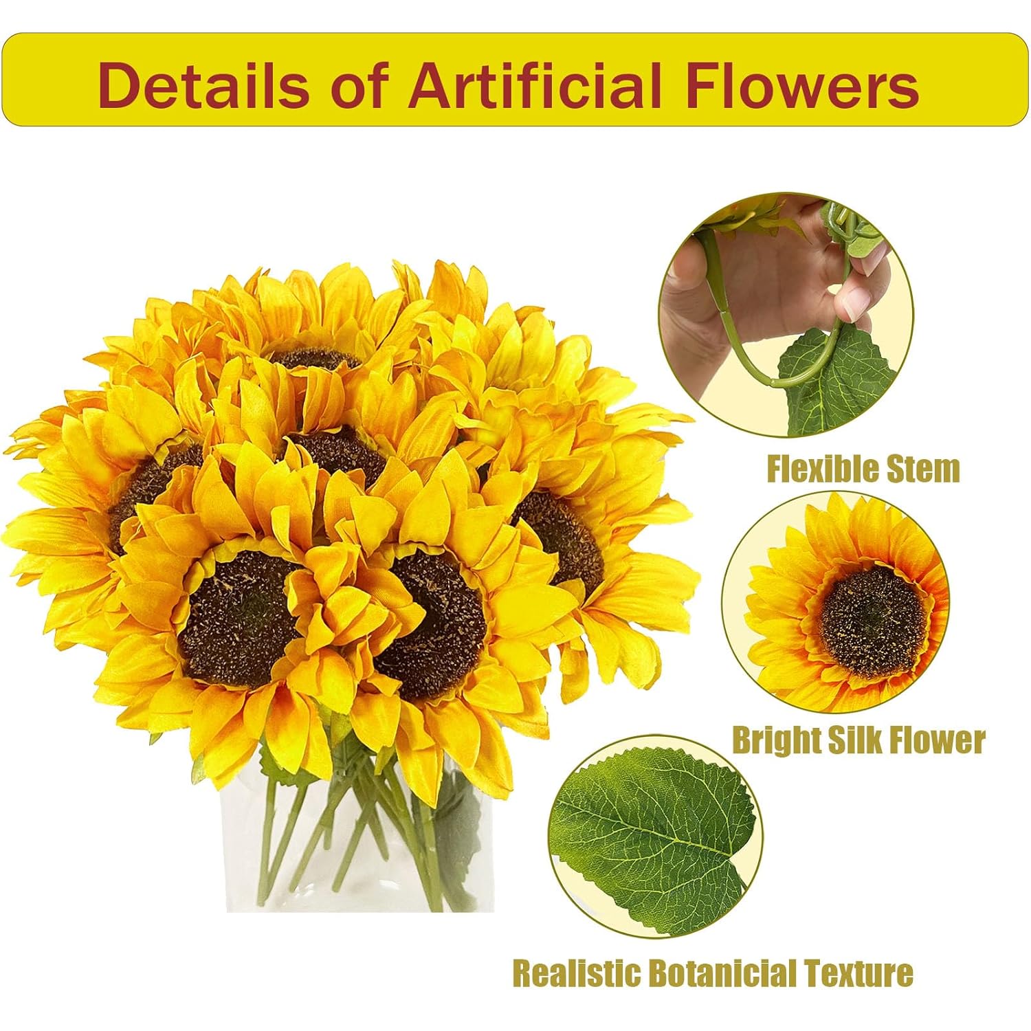 10Pcs Sunflowers Artificial Flowers, Fake Silk Sunflower With Long Stem, Artificial Sunflowers For Fall Home Decor, Baby Shower, Wedding Decor And Cemetery Flowers Decor