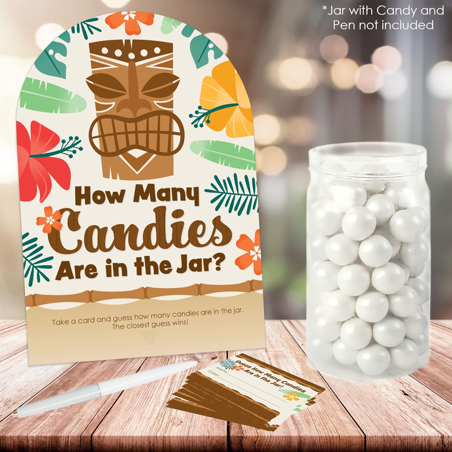 Big Dot of Happiness Tropical Luau - How Many Candies Hawaiian Beach Party Game - 1 Stand and 40 Cards - Candy Guessing Game