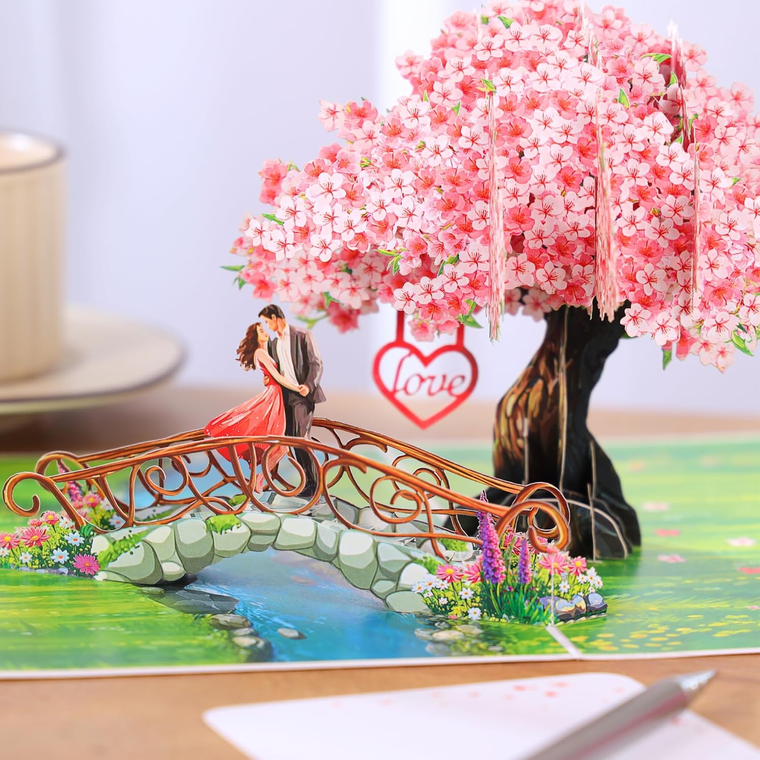 Pop Up Valentines Card Cherry Blossom, 3D Bridge With Couple, Anniversary, Wedding Cards For Wife, Husband, Her, Him, Girlfriend, Ideal Gift For Birthday, Wedding, Valentines, Mothers Day, 6X8 Inch