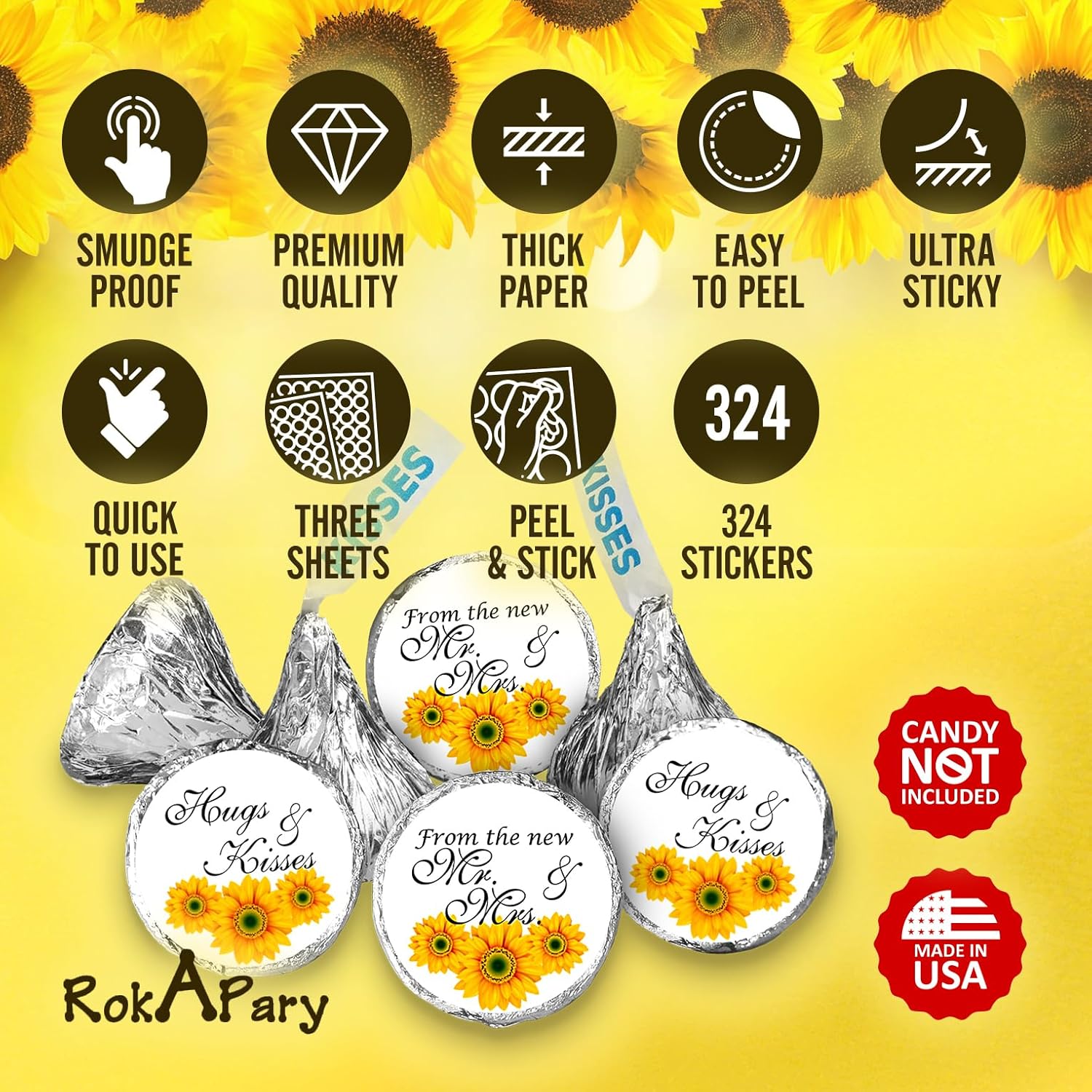 324 Sunflower Hugs And Kisses From The New Mr. & Mrs. Kisses Wedding Stickers, Floral Chocolate Drops Labels Stickers For Weddings, Bridal Shower Engagement Party, Bride And Groom Favors. Made In Usa