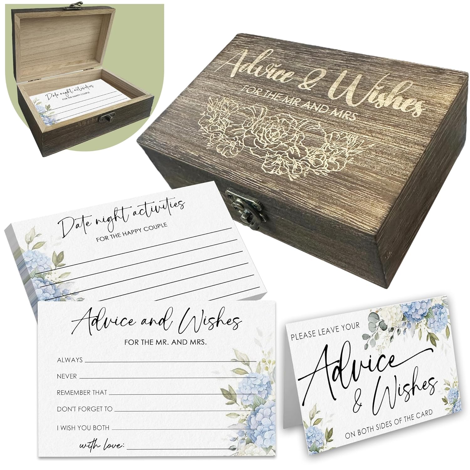 Blue Hydrangea Bridal Shower Advice Cards & Wooden Box Set - 50Pcs Advice And Wishes For The Mr And Mrs - Wedding Party Games For Reception Bridal Shower Decorations & Supplies - A02