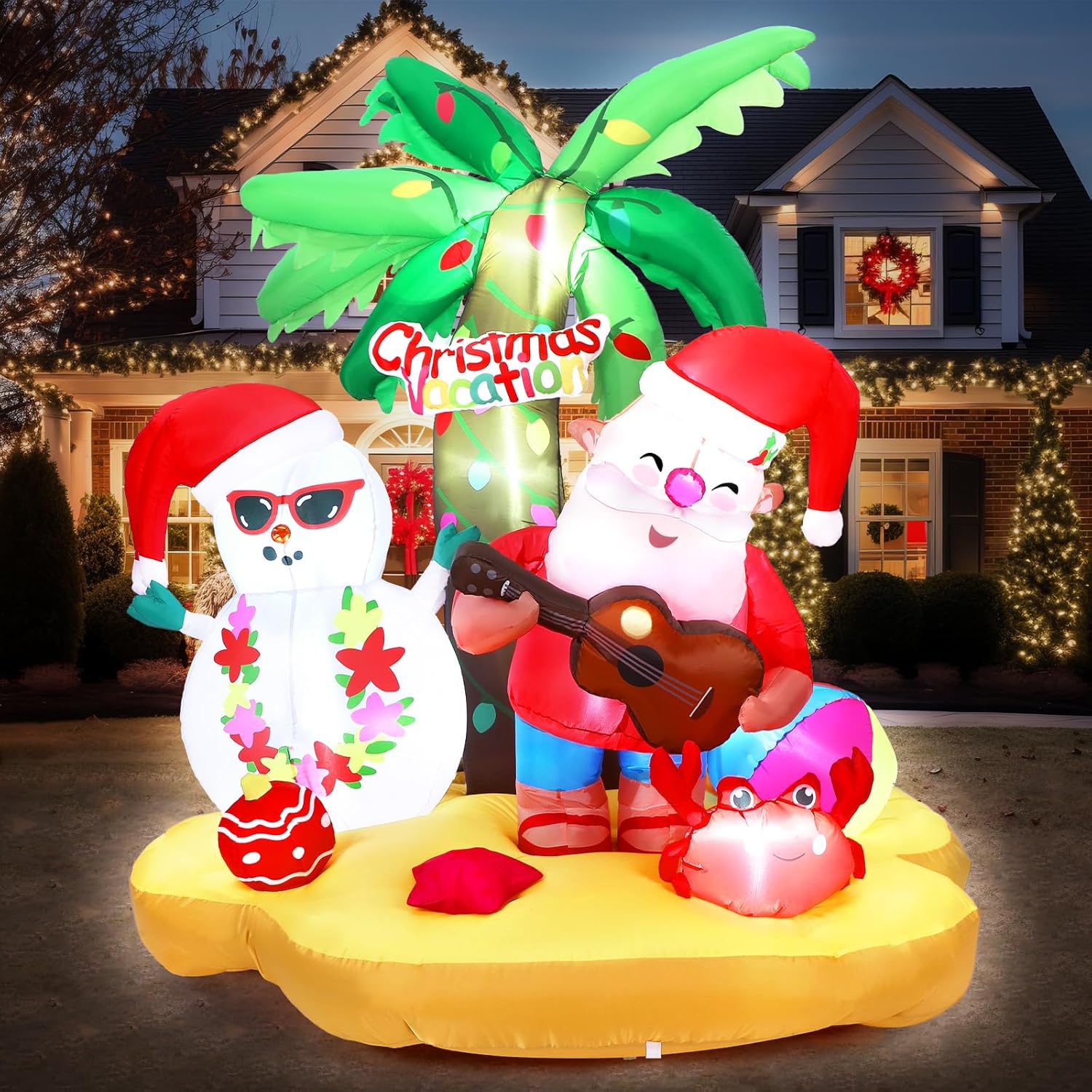 Christmas In July Santa Inflatables Decorations, 7 Ft Hawaiian Beach Vacation Snowman Outdoor Decorations, Build In Led