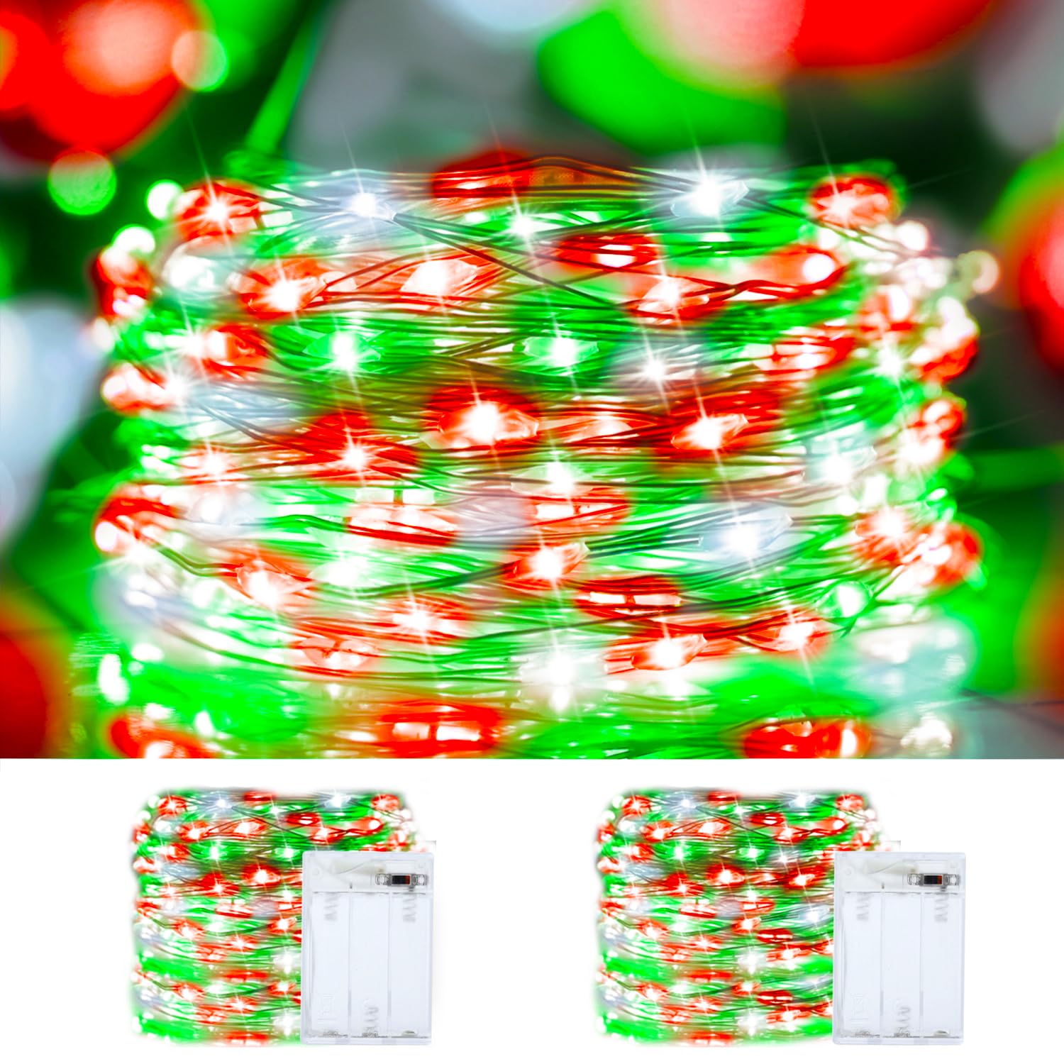 Christmas String Lights Red Green White Copper Wire, 2 Pack Total 200Led Fairy Lights Waterproof Twinkle Lights For Xmas