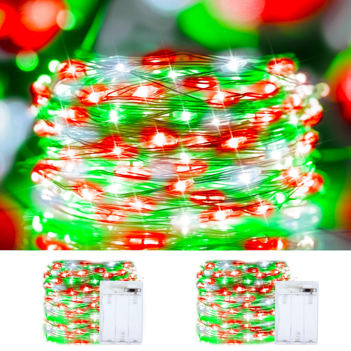 Christmas String Lights Red Green White Copper Wire, 2 Pack Total 200Led Fairy Lights Waterproof Twinkle Lights For Xmas