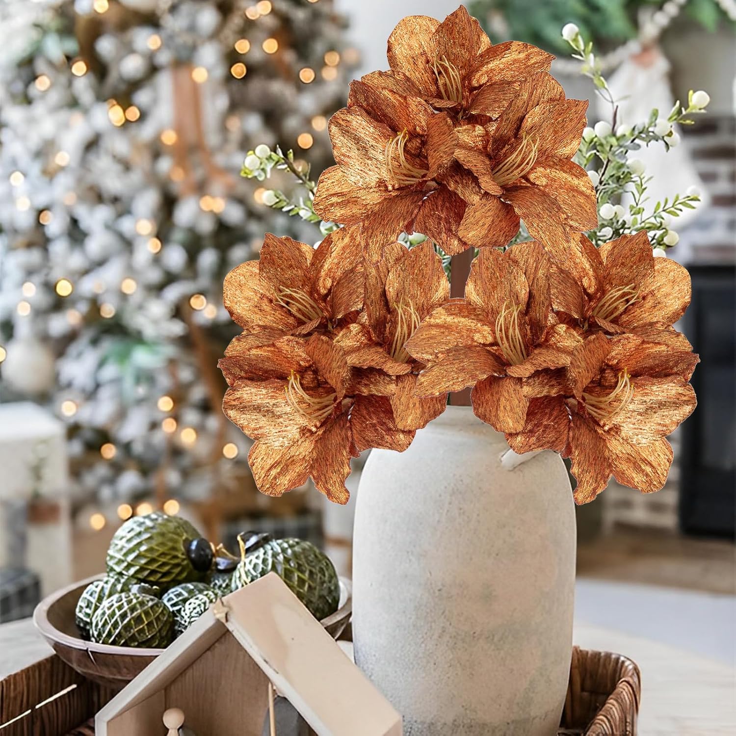 Amaryllis Artificial Christmas Flower Stems, 19.7" Bronze Glitter Faux Amaryllis With Detachable Heads For Xmas Home Party Wedding Bouquet Vase Arrangement Decor