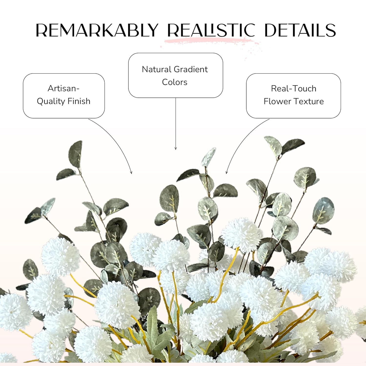 Chrysanthemum Flowers Artificial Kiku With Green Eucalyptus – 10 White Faux Pom Pom Mum Stems For Vase, Silk Faux Floral Arrangement For Home Decor And Centerpiece Displays