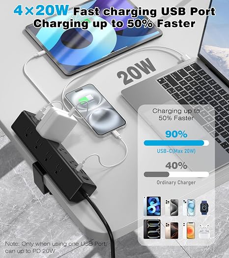 Desk Clamp Power Strip Edge Mount 8 AC 8 USB 40W Fast Charging 6FT Cord
