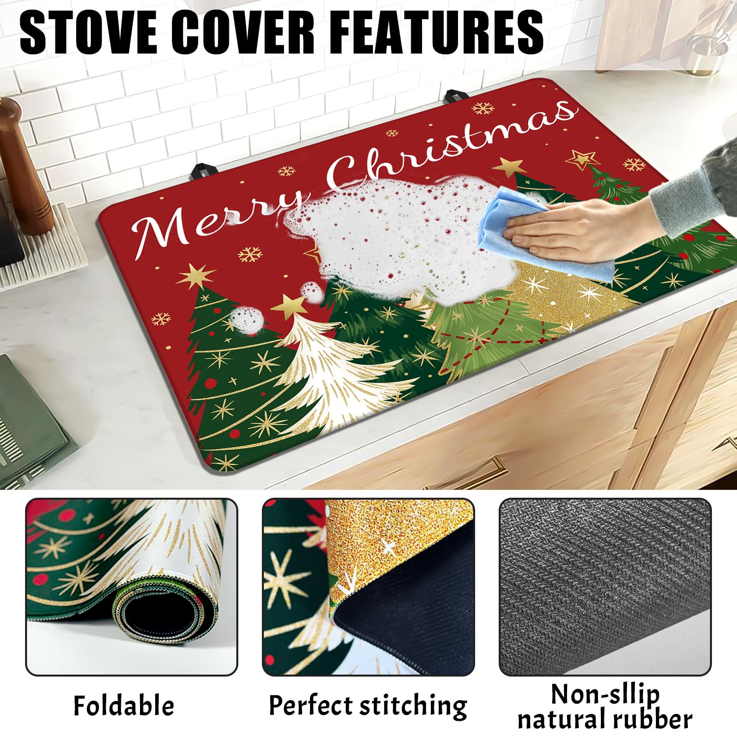 Christmas Trees Stove Cover, Merry Christmas Stove Top Cover For Gas Stove Xmas Red Winter Kitchen Decor Glass Stove Top Pad Heat Resistant Electric Stove Protector Washable Cooktop Oven Mat