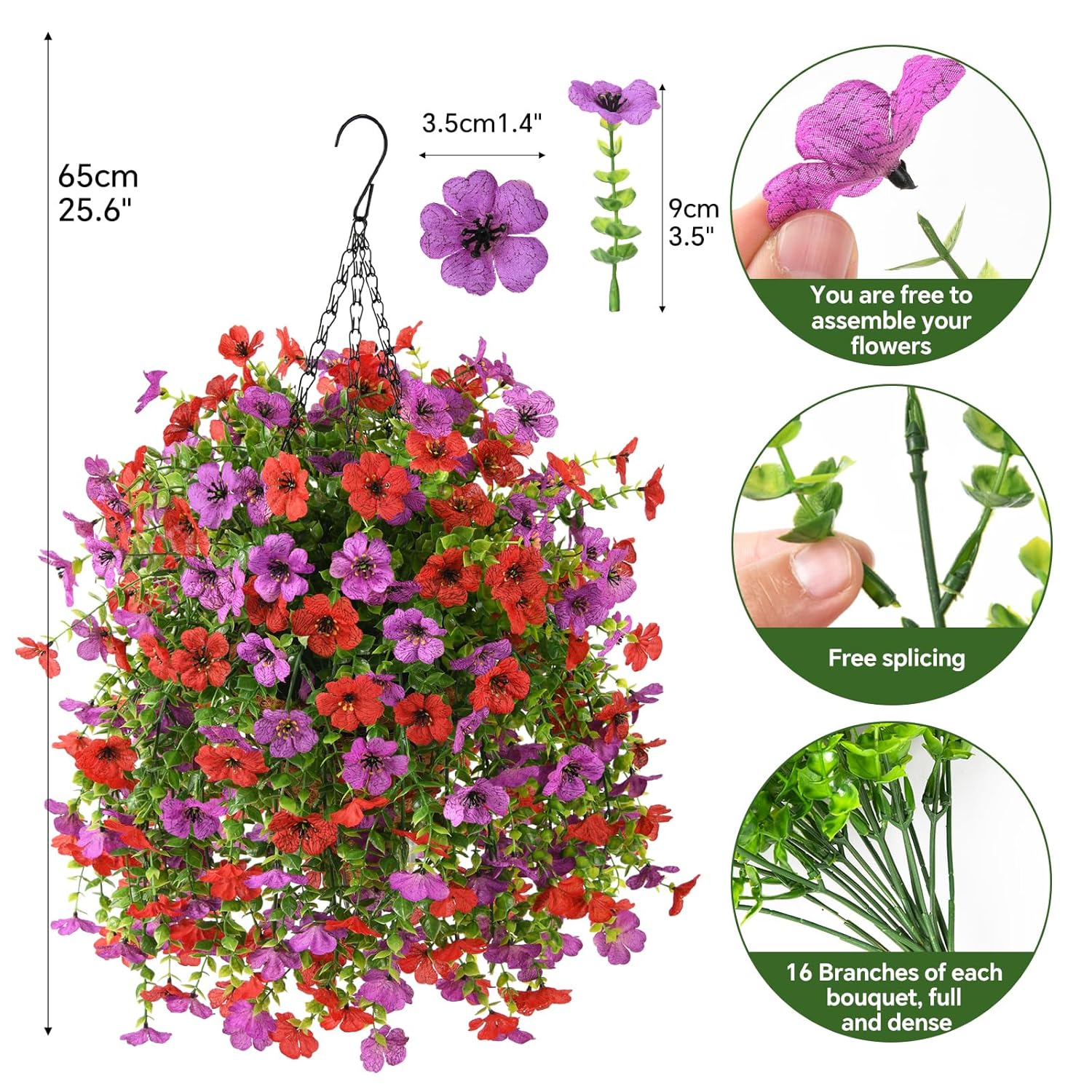 Artificial Hanging Flowers With Basket For Spring Outdoor Decoration 3 Bunches Of Silk Daisy Flower Uv Resistant For Garden Porch Patio Balcony Yard Decor (Red Purple)
