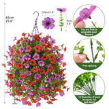 Artificial Hanging Flowers With Basket For Spring Outdoor Decoration 3 Bunches Of Silk Daisy Flower Uv Resistant For Garden Porch Patio Balcony Yard Decor (Red Purple)