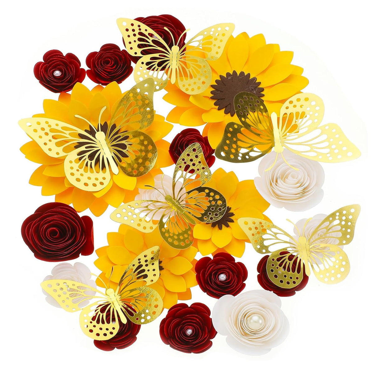 30 Pack Flower And Butterfly Diy Decorations Set 18 Pcs Flower Heads 12 Pcs 3D Butterfly Flat Back Roses Yellow Sunflower Heads For Grad Hats Wedding Baby Shower Home Decor(Red, Yellow)