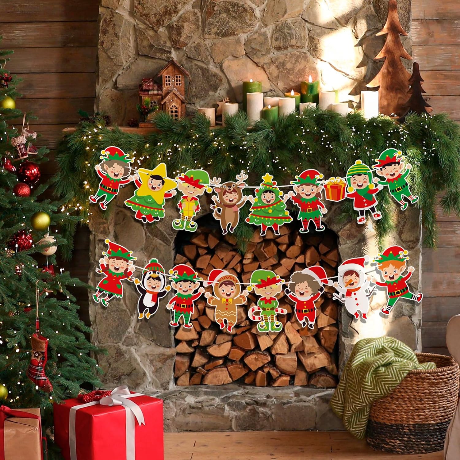 Christmas Elf Banner Cartoon Xmas Holiday Garland Decorations Christmas Party Banner Xmas Holiday Mantle Fireplace Home Decor