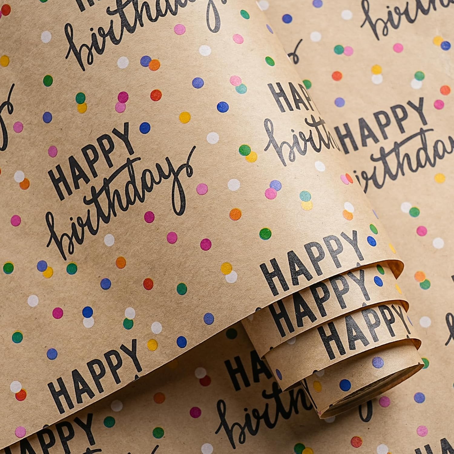 Birthday Kraft Wrapping Paper Roll, Happy Birthday Lettering & Colored Polka Dots Kraft Design For Birthday, Holiday, Party, Baby Shower, 17 Inches X 32.8 Feet (46.45 Sq.Ft.)