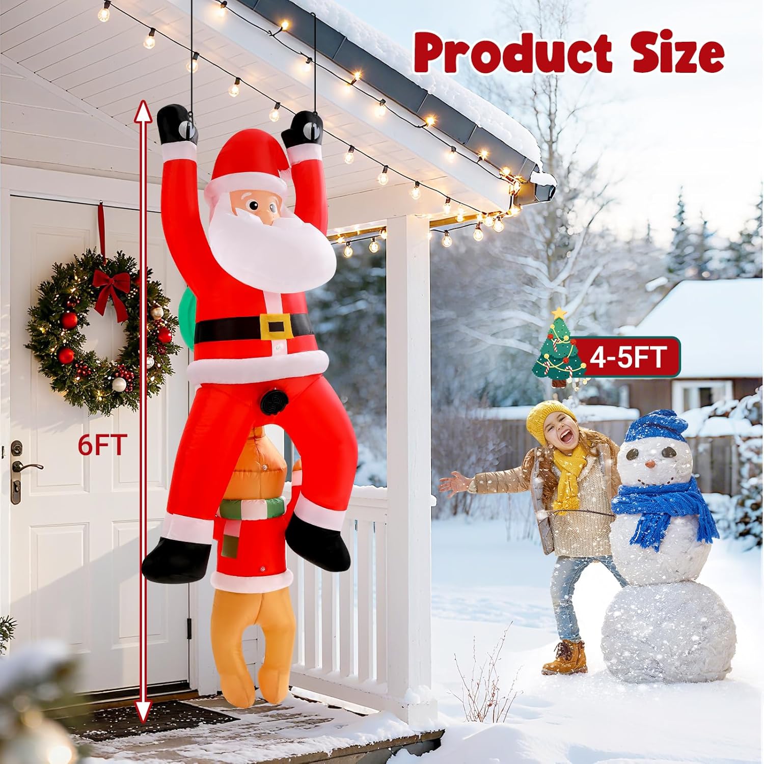 6Ft Hanging Christmas Inflatables Outdoor, Climbing Santa With Dog Blow Up Roof Decor, Funny Built-In Led Lights Xmas In