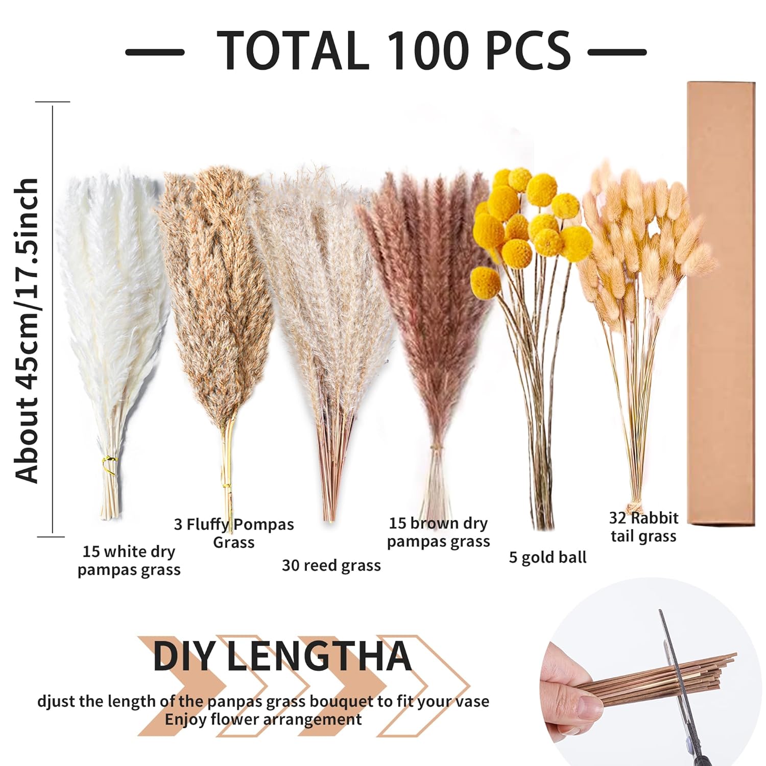 100Pcs Natural Dried Pampas Grass Decor - 17.5" Fluffy Pampas Grass Bouquet - Boho Home Decor Dried Flowers For Wedding Floral Room Home Party Table Decorations