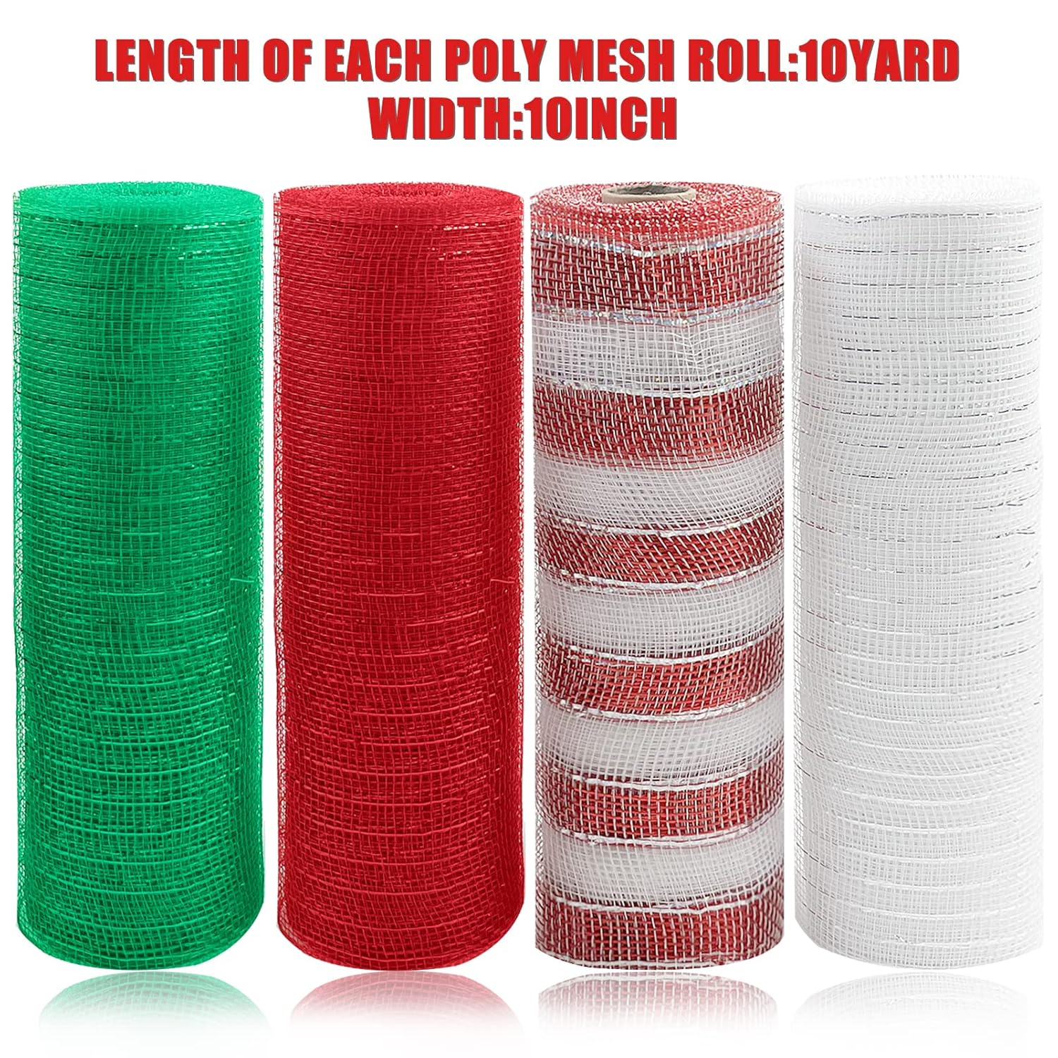4 Roll Christmas Poly Mesh Ribbon, Red White Green Wired Edge Ribbon 10 Inch X 30 Feet Poly Deco Mesh Ribbon For Christmas Holiday Craft Wreaths Decorating