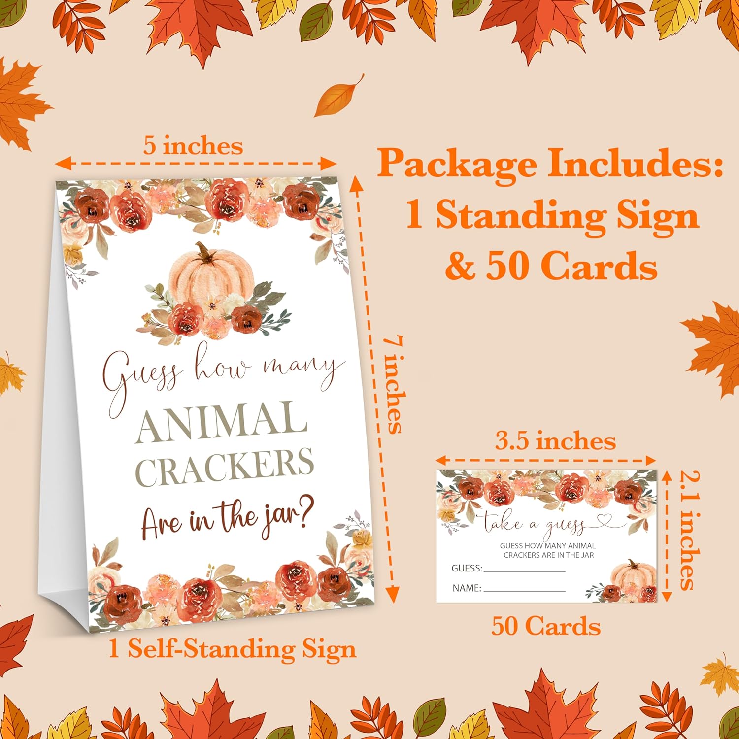 Baby Shower Game, Guess How Many Animal Crackers, 1 Little Pumpkin Standing Sign With 50 Cards For Thanksgiving Gender Reveal Party Favor Supplies - C05