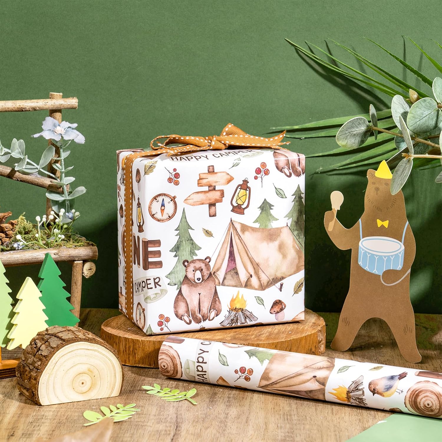 1St Birthday Wrapping Paper Roll For Boys,One Happy Camper Tent Bear Forest Icons, Age1 Gift Wrap For Baby 1St Birthday Party, Baby Shower, Mini Roll 17 Inches X 16.4 Feet