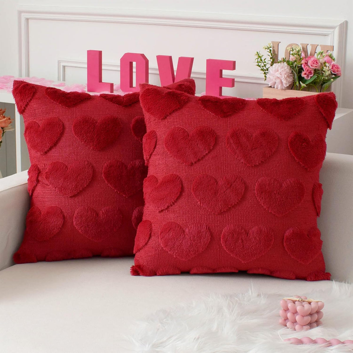 Kevin Textile Heart Love Cute Decorative Throw Pillow Covers 18X18 Inch Set Of 2 Soft Faux Fur Pillow Covers For Valentine'S Day Gifts Fluffy Plush Pillow Case For Couch Cushion Livingroom Red
