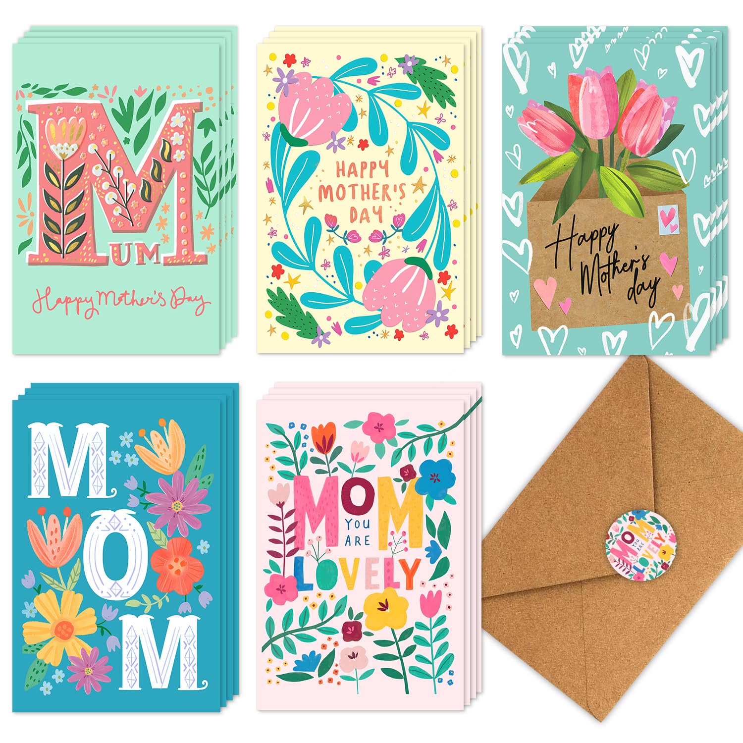 20 Pcs Happy Mother'S Day Greeting Cards Modern Floral Blank Note Cards With Kraft Envelopes Mother'S Day Present Gift Box Assorted Cards For Holiday Party Celebration Flowers Cards-4X6