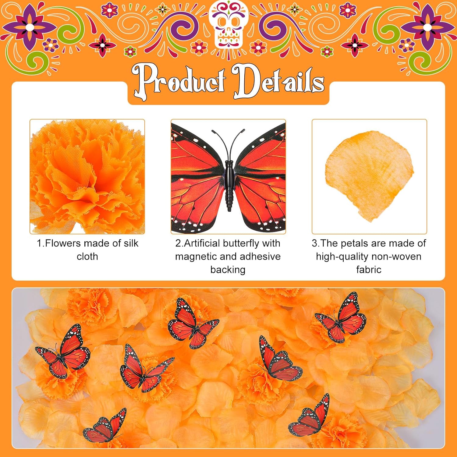 562 Pcs Dia De Los Muertos Decor 50 Marigold Flowers Heads 12 Artificial Butterfly Decorations And 500 Orange Artificial Flower Petals Halloween Day Of The Dead Decor Set For Home Fall Party
