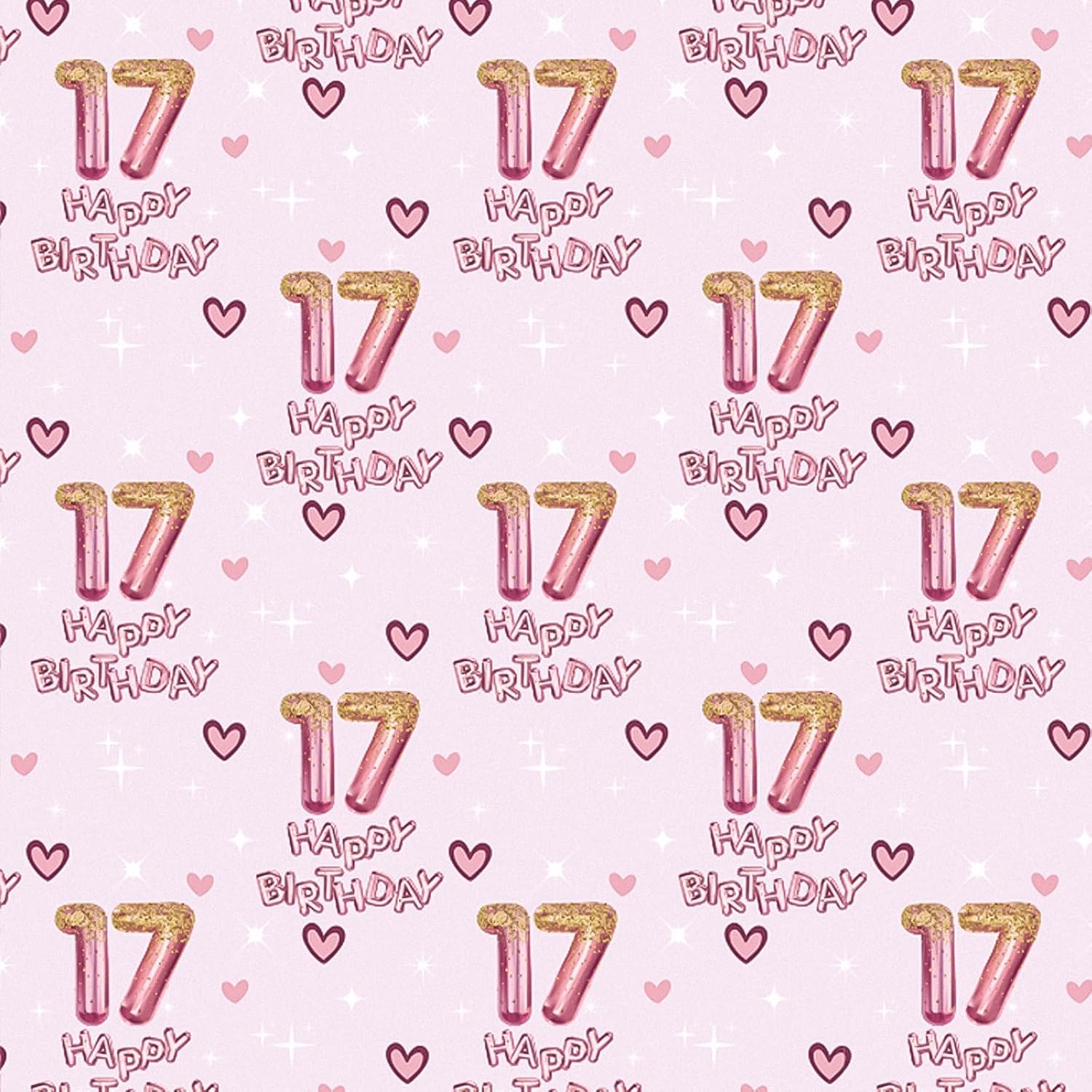 17Th Wrapping Paper Birthday Girl, Hearts And Pink Number 17 Balloons Happy Birthday Design, 17 Years Old, Mini Roll, 17 Inches X 16.4 Feet, Perfect For Girls' Birthday Party Gifts